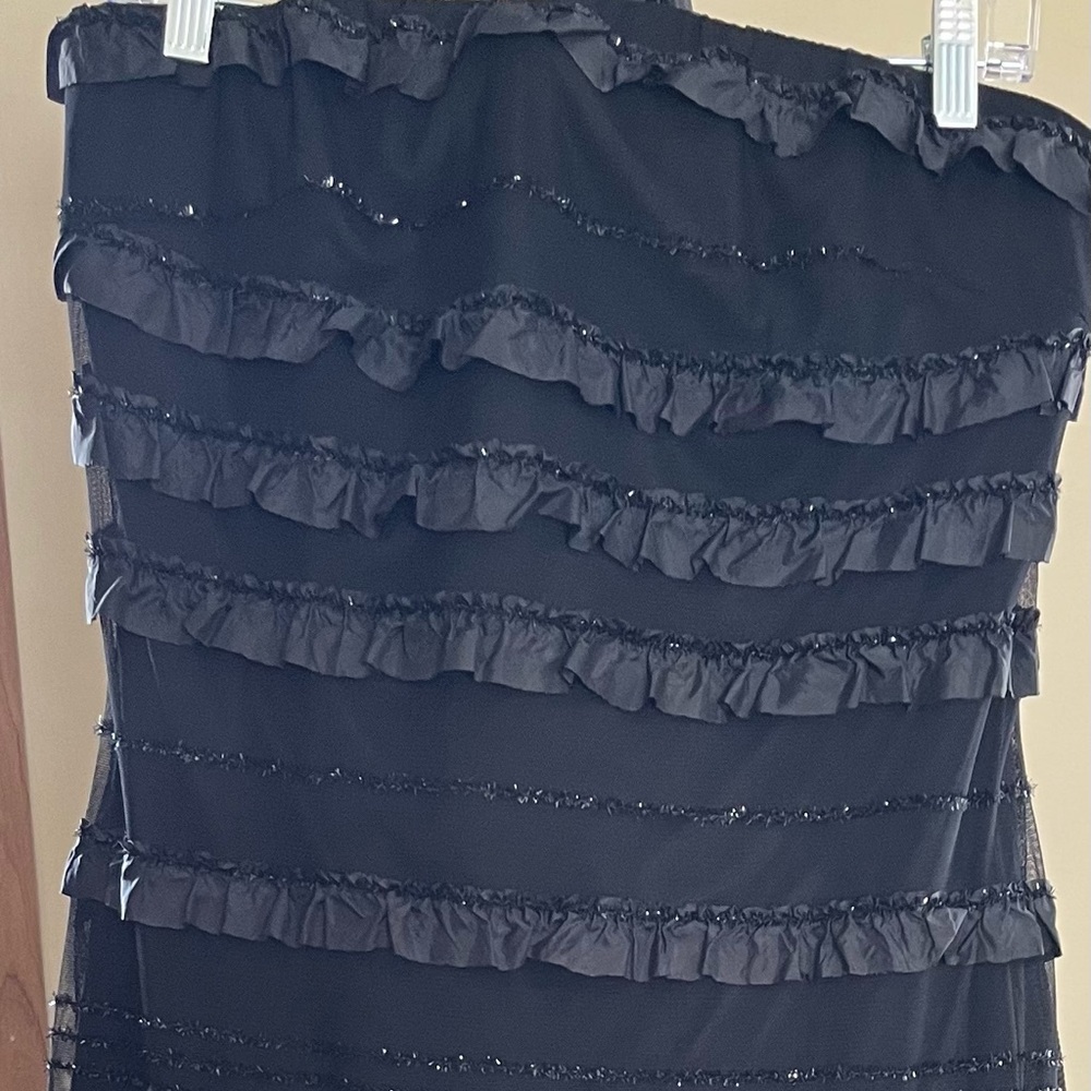 Black column ,full length prom dress with ruffle and beading details